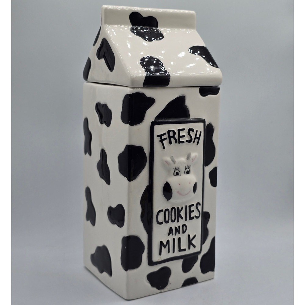Houston Harvest Cow Print Milk Carton Ceramic Cookie Jar Fresh Cookies and Milk